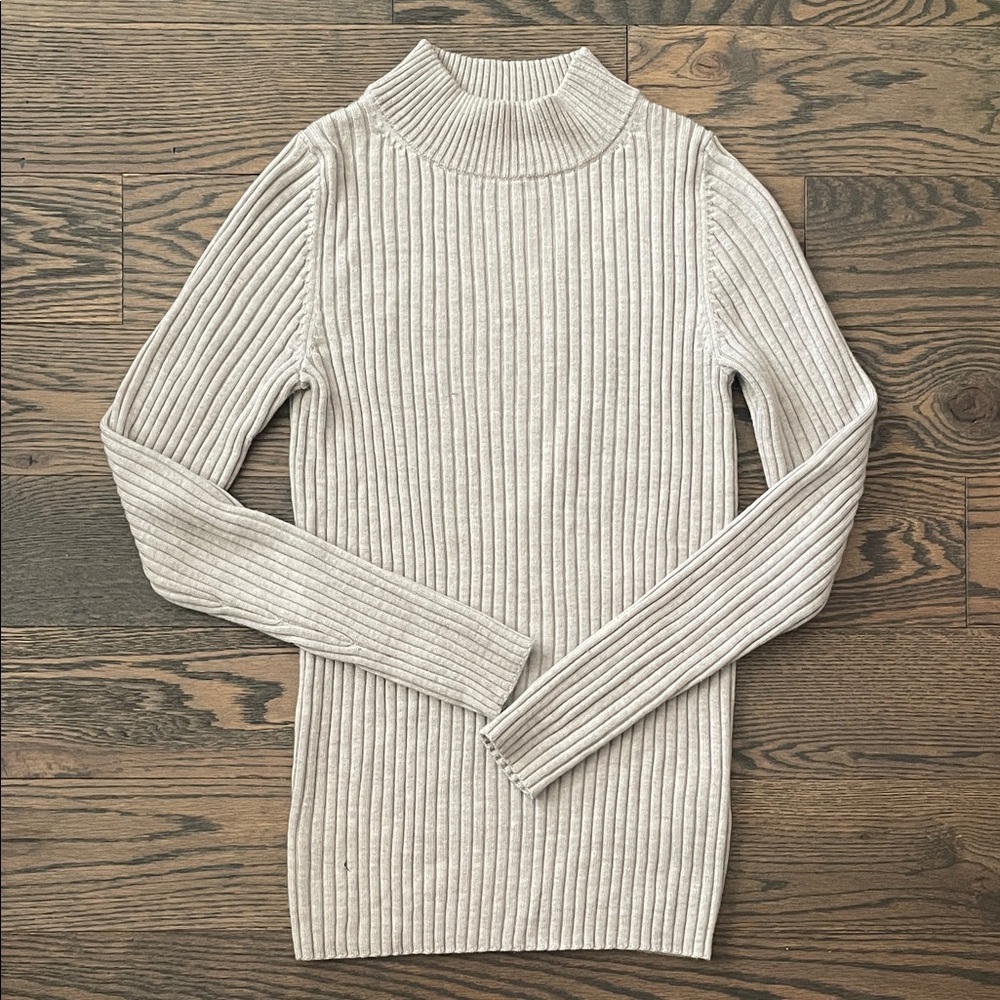 Beige Wool Ribbed Knit Mockneck Sweater
